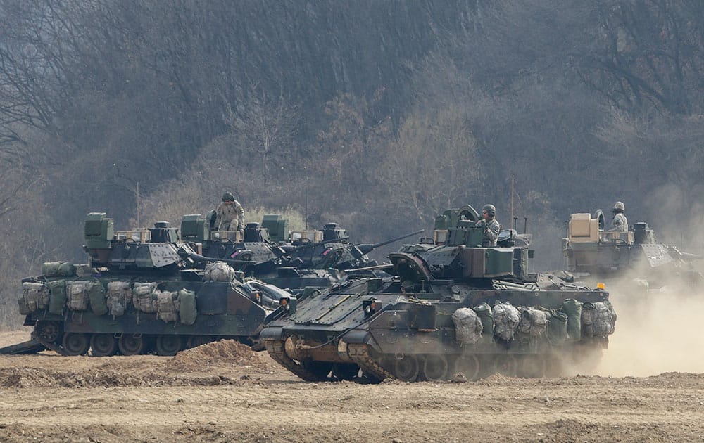 US Army's armored vehicle moves during the annual exercise in Paju, near the border with North Korea.