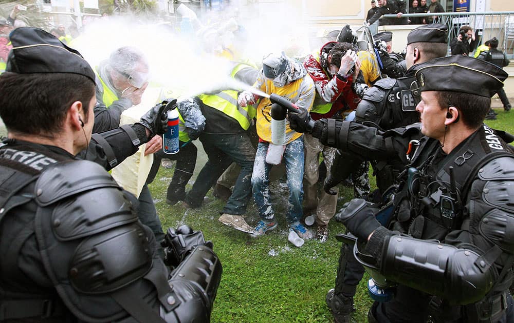 French riot police spay activists with pepper spray to keep them from getting closer to a congress building as they try to disrupt the opening of a Marine, Construction and Engineering conference in Pau, southwestern France.