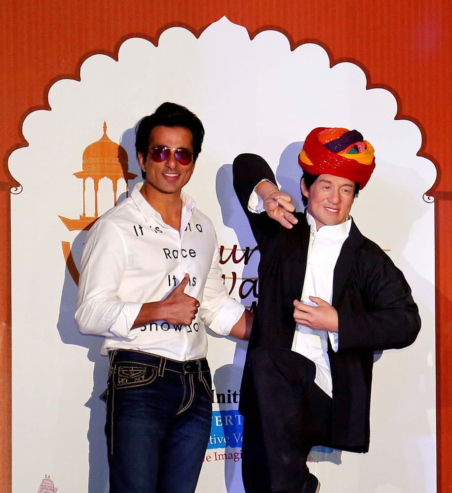 Actor Sonu Sood poses with a wax statue of Hollywood superstar Jackie Chan after unveiling it at Nahargarh Fort Museum in Jaipur.