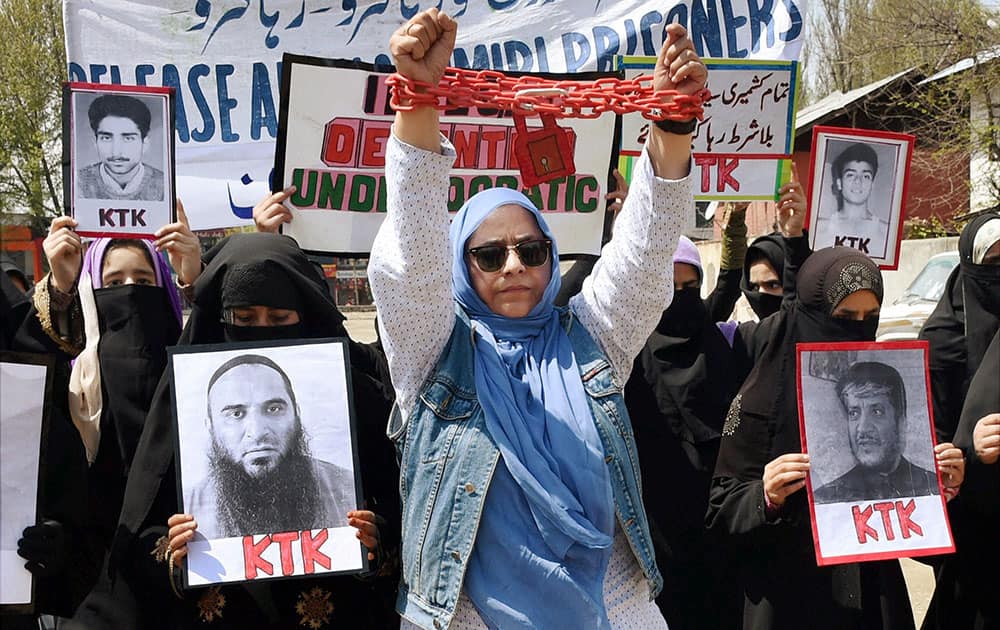 Women group, during a protest to demand the release of prisoners in Srinagar.