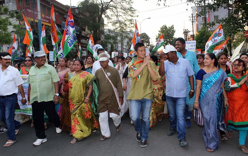 TMC candidate and footballer Baichung Bhutia during his election campaign in Siliguri.