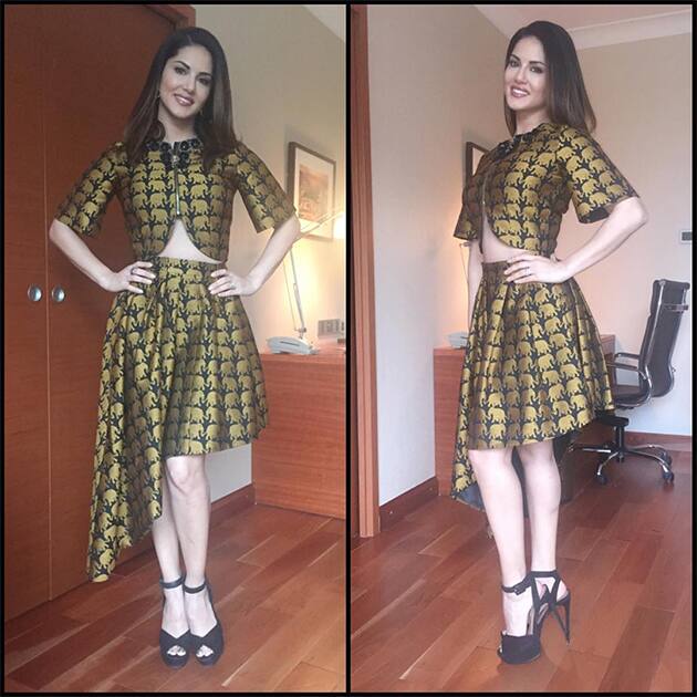 Thanks @parul_j_maurya for this super cute outfit for One Night Stand Bangalore promotions. Instagram/sunnyleone