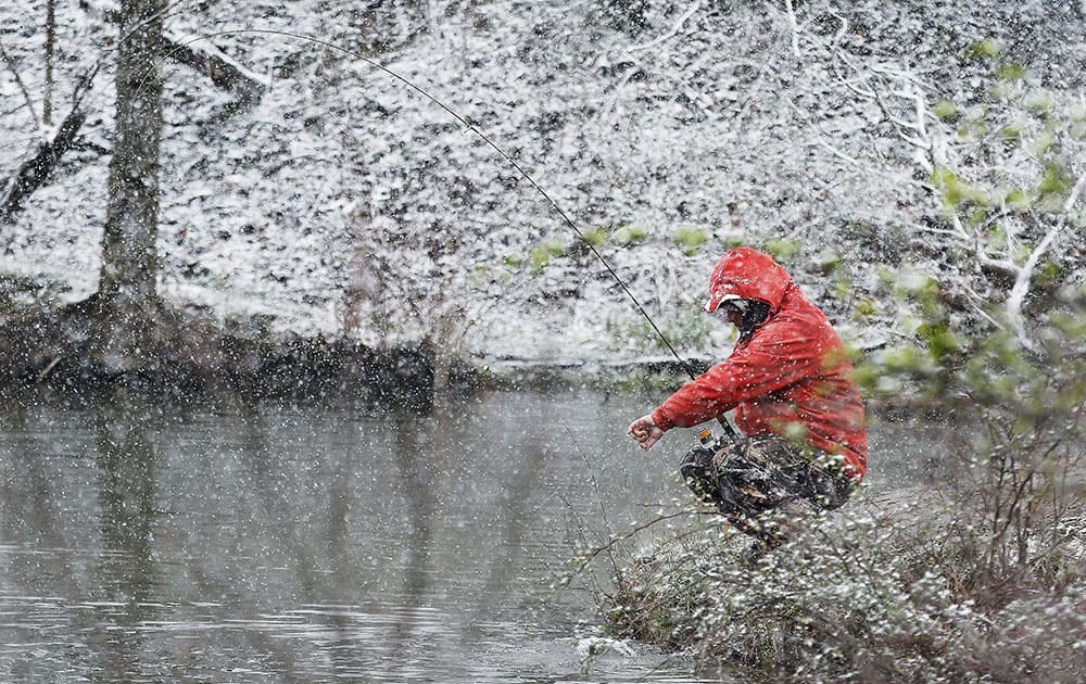 Snow falls and lays on the shrubbery as Roy St. George pulls a rainbow trout from the water of the Zelienople-Harmony Sportsmens Club lake.