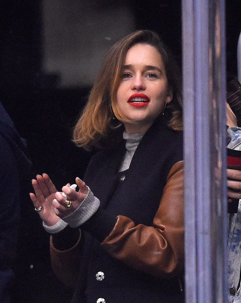 Actress Emilia Clarke attends an NHL hockey game between the Los Angeles Kings and the Anaheim Ducks.