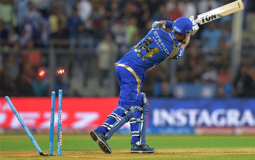 Mumbai Indianss Lendl Simmons getting bowled by Rising Pune Supergiantss Ishant Sharma during the IPL 2016 opening match in Mumbai.