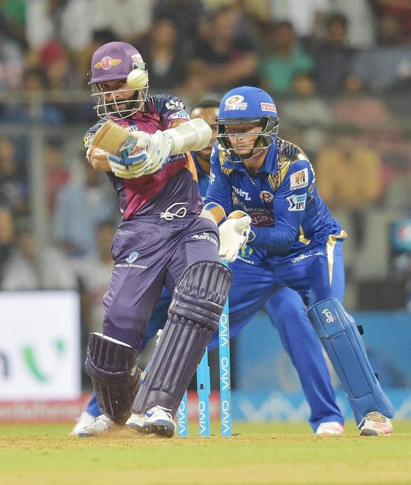 Rising Pune Supergiants batsman Ajinkya Rahane plays a shot during the IPL 2016 opening match played against Mumbai Indians in Mumbai.