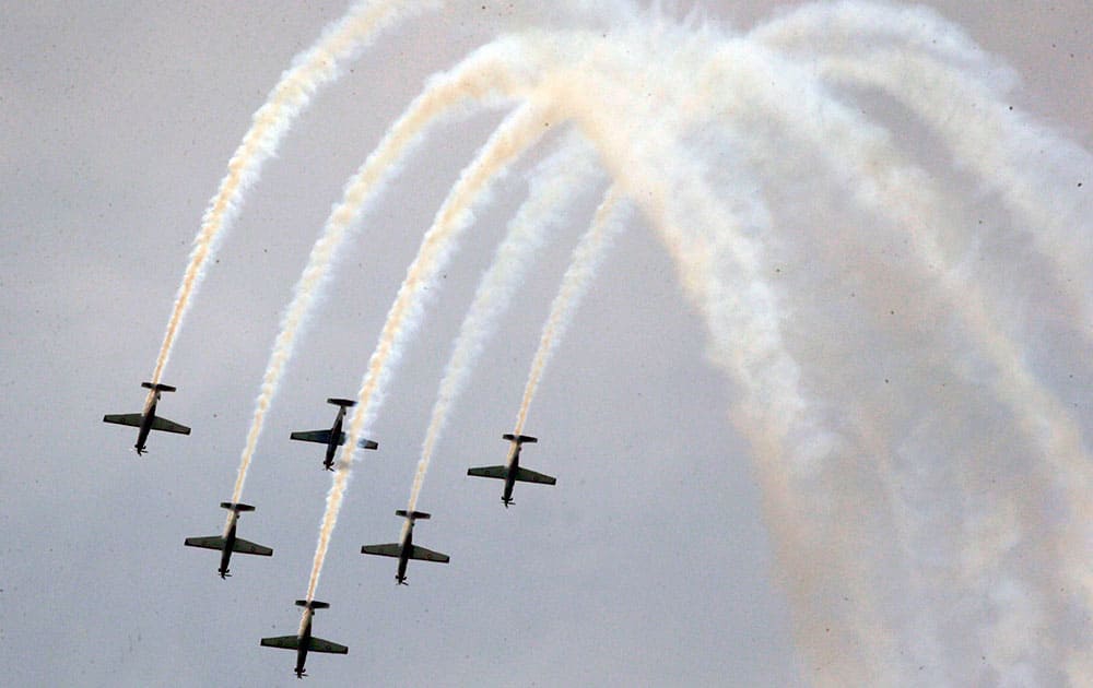 Jupiter Aerobatic Team of The Indonesia Air Force performs during a show, held as a part of the commemoration of the 70th anniversary of the air force.