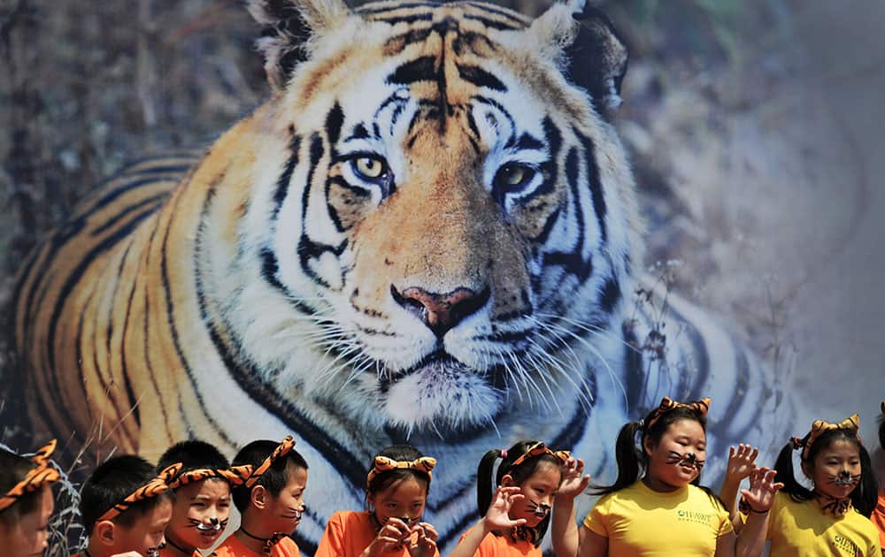 school children with tiger's ears headband gesture in front of a tiger poster during an event to encourage people to protect the endangered wild tiger species around Asia countries held at the National Animal Museum in Beijing, China. 