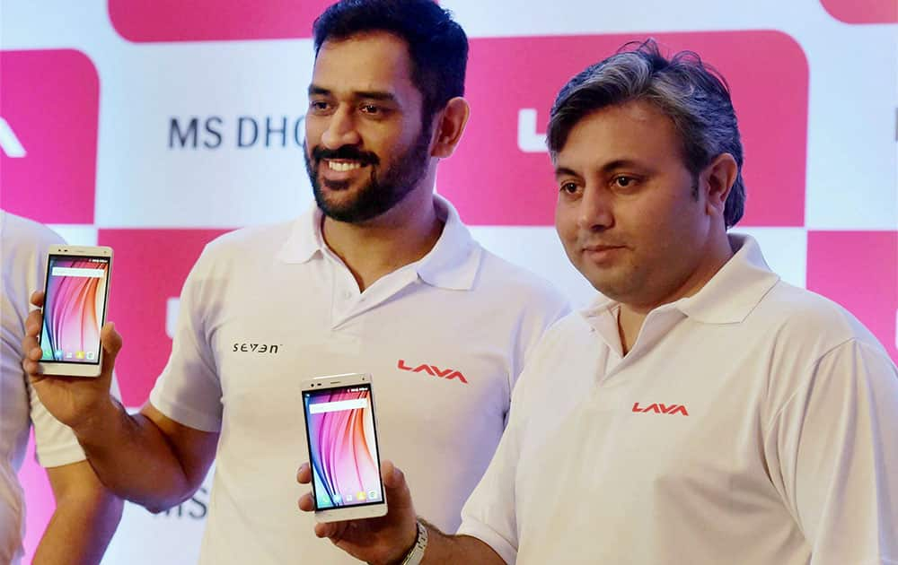 Cricketer MS Dhoni along with Vice President and head marketing-communication Lava International limited Solomon Wheeler during the announcement of MS Dhoni as a Lava brand ambassador, in Mumbai.
