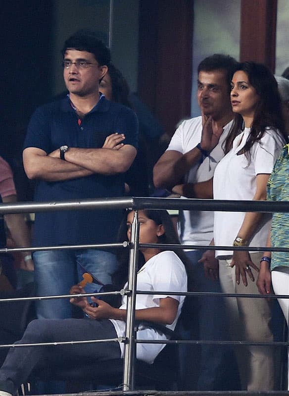 KKR co-owner Juhi Chawala and CAB President Sourav Ganguly watching IPL Match between KKR and Delhi Daredevils in Kolkata.