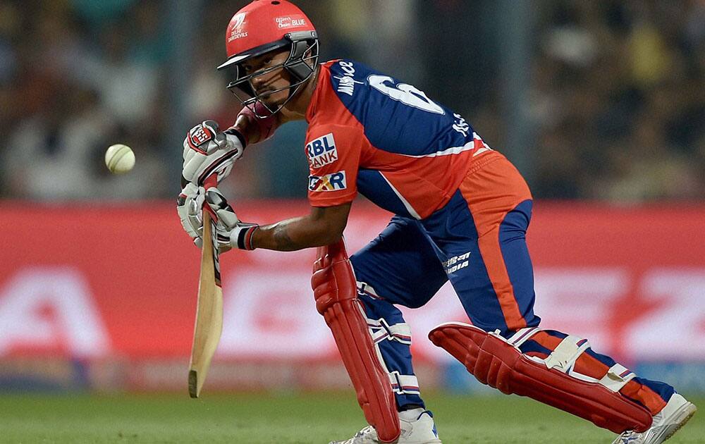 Delhi Daredevils batsman Pawan Negi plays a shot against KKR during an IPL match at Eden Garden in Kolkata.