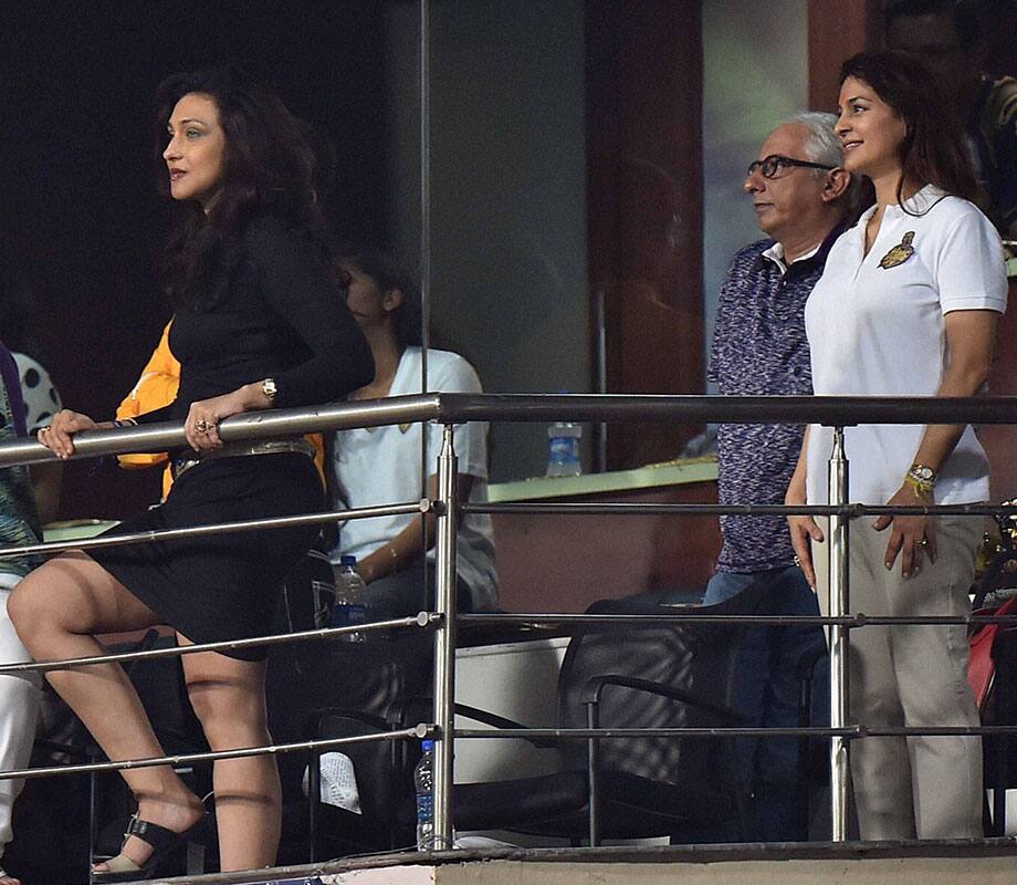 KKR Co-Woner Juhi Chawla and Tollywood actress Rituparna Sengupta watch the IPL match between KKR and Delhi Daredevils at Eden Garden in Kolkata.