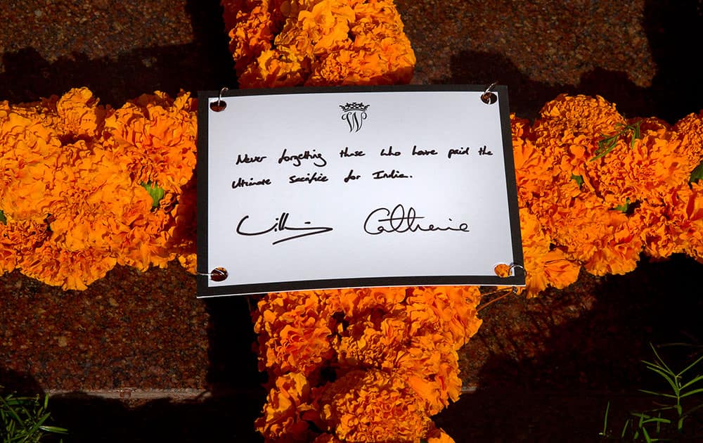 The wreath which was placed by Britain's Prince William, and his wife Kate, the Duchess of Cambridge at the India Gate war memorial, in the memory of the soldiers from Indian regiments who served in World War I, in New Delhi.