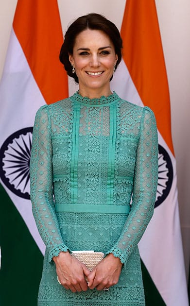 Kate, the Duchess of Cambridge, is seen as she arrives for a lunch with Indian Prime Minister Narendra Modi in New Delhi.