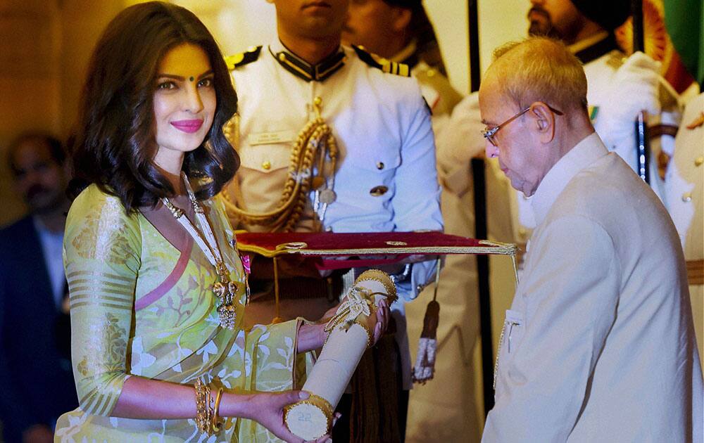 Priyanka Chopra receives Padma Shri award from President Pranab Mukherjee during civil investiture ceremony in New Delhi.