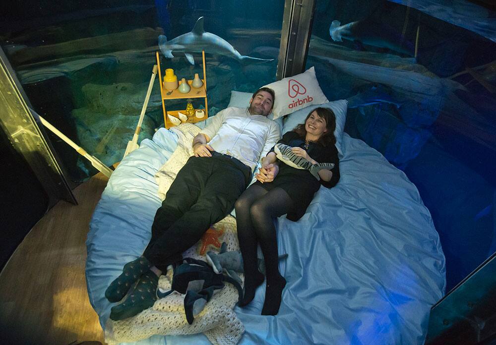 Contest winners British Alastair Shipman, left, and Irish Hanah Simpson pose in the underwater bedroom, housed in a shark tank at the Aquarium de Paris, France.