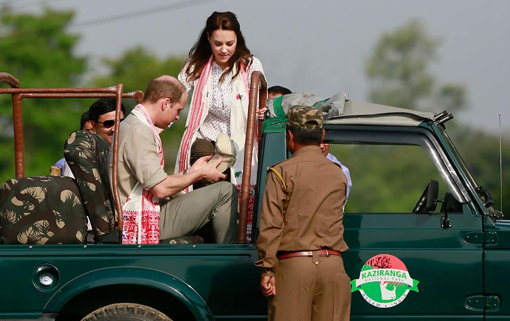 Britain's Prince William along with Kate, the Duchess of Cambridge, board a jeep for a safari at Kaziranga National Park, Assam.