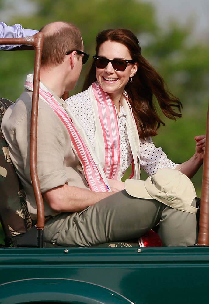 Britain's Prince William along with Kate, the Duchess of Cambridge, board a jeep for a safari at Kaziranga National Park, Assam.
