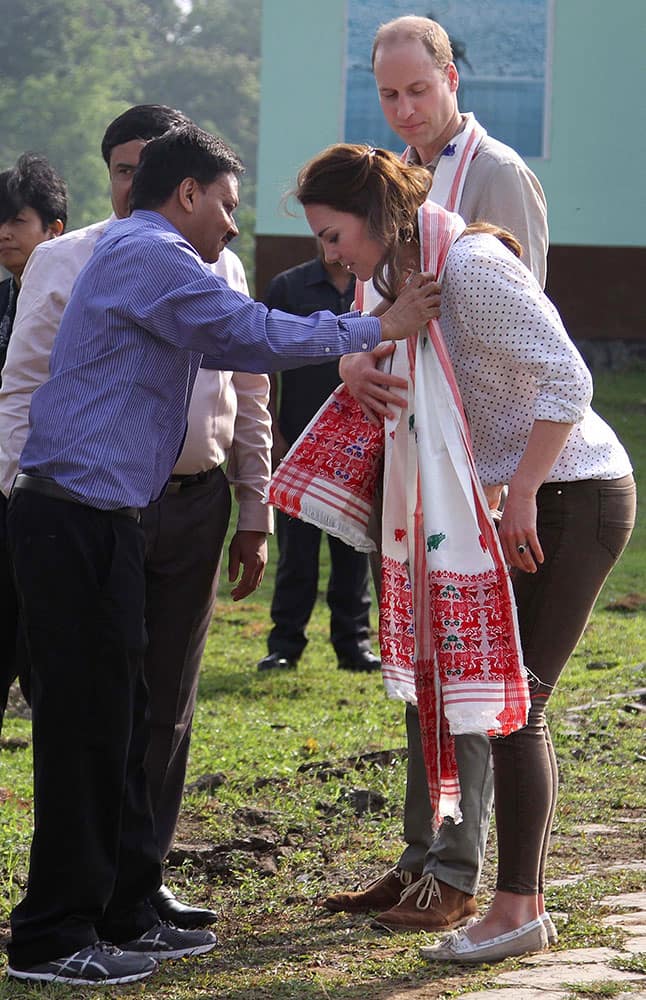 Britain's Prince William and his wife Kate, the Duchess of Cambridge are welcomed at Kaziranga National Park, Assam.