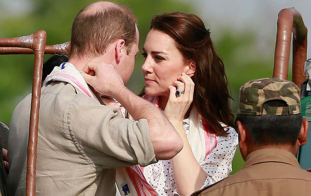 Britain's Prince William and Kate, the Duchess of Cambridge, prepare to set off on a jeep safari at Kaziranga National Park, Assam.