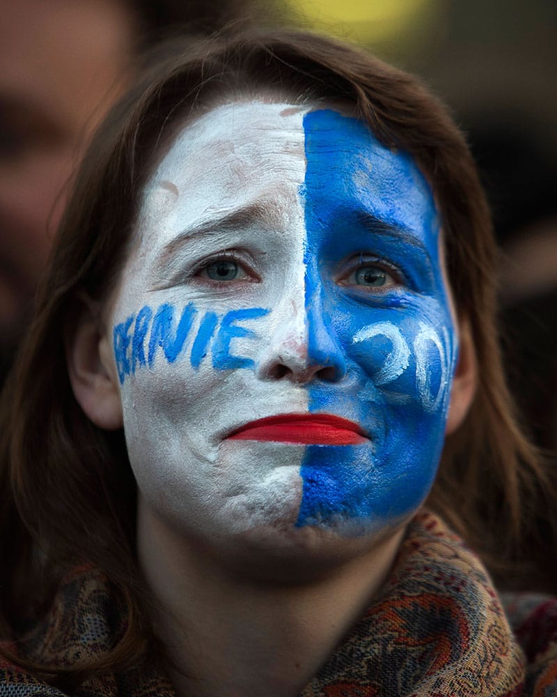 A supporters of Democratic presidential candidate, Sen. Bernie Sanders, I-Vt., attends a rally in Washington Square Park in New York.