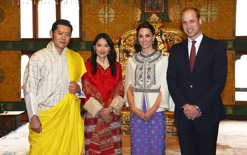 Bhutans King Jigme Khesar Namgyel Wangchuk, Bhutans Queen, Jetsun Pema, Kate, Duchess of Cambridge and Britains Prince William pose for a photograph in Thimphu, Bhutan.