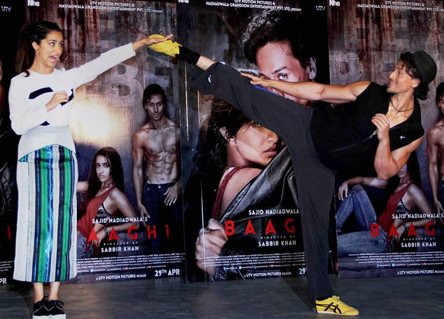 Actors Tiger Shroff and Shraddha Kapoor during the promotion of their film Baaghi in Mumbai.