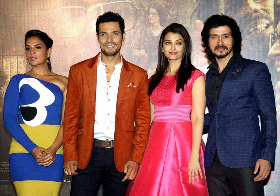 Actors Richa Chadda, Randeep Hooda, Aishwarya Rai Bachchan and Darshan Kumaar during the trailer launch of their upcoming film ‘Sarbjit’ in Mumbai.