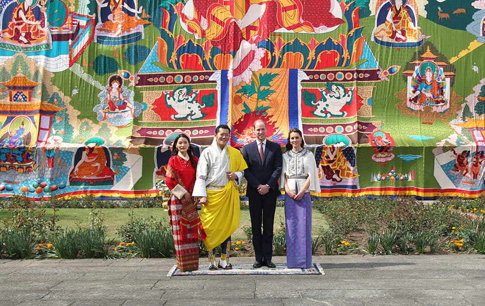 Royal Kingdom of Bhutan, from left to right, Bhutan's queen, Jetsun Pema, Bhutan's king Jigme Khesar Namgyel Wangchuk, Britain's Prince William, and Kate, Duchess of Cambridge pose for a photograph in Thimphu, Bhutan.