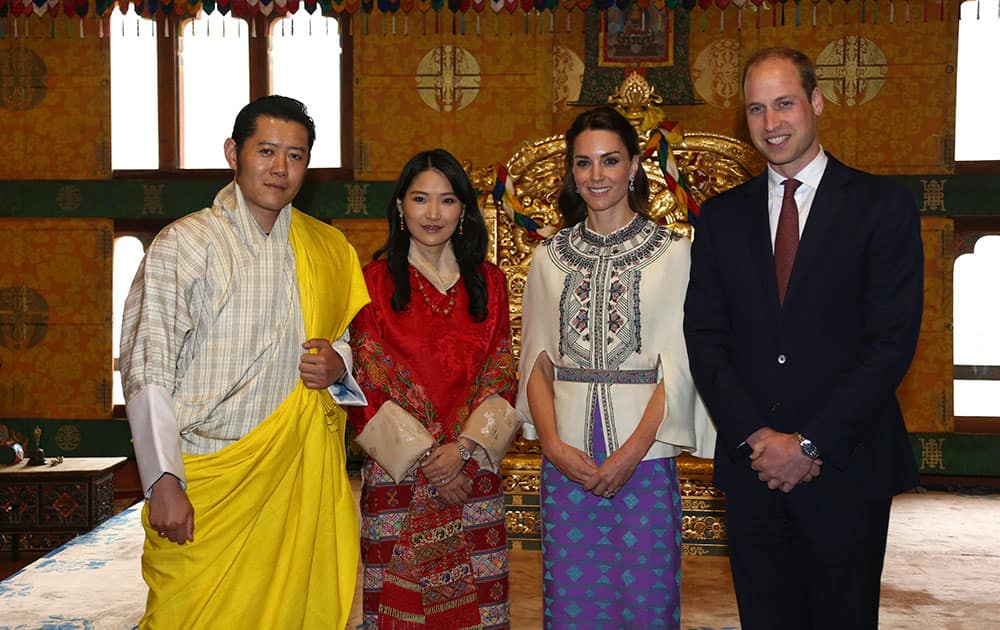 Bhutan's King Jigme Khesar Namgyel Wangchuk, Bhutan's Queen, Jetsun Pema, Kate, Duchess of Cambridge and Britain's Prince William pose for a photograph in Thimphu, Bhutan.