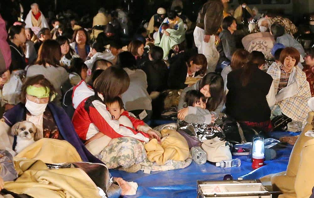 Residents take shelter at the town hall of Mashiki, in Kumamoto, southern Japan, after the earthquake.