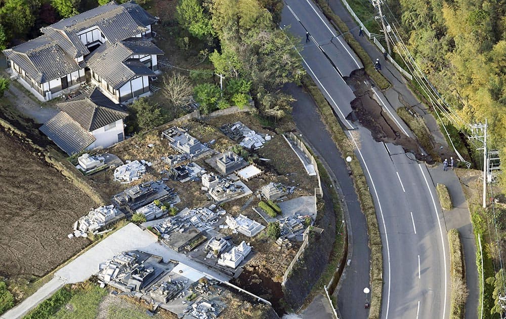 This aerial view shows damaged area of Mashiki town, Kumamoto prefecture, southern Japan.