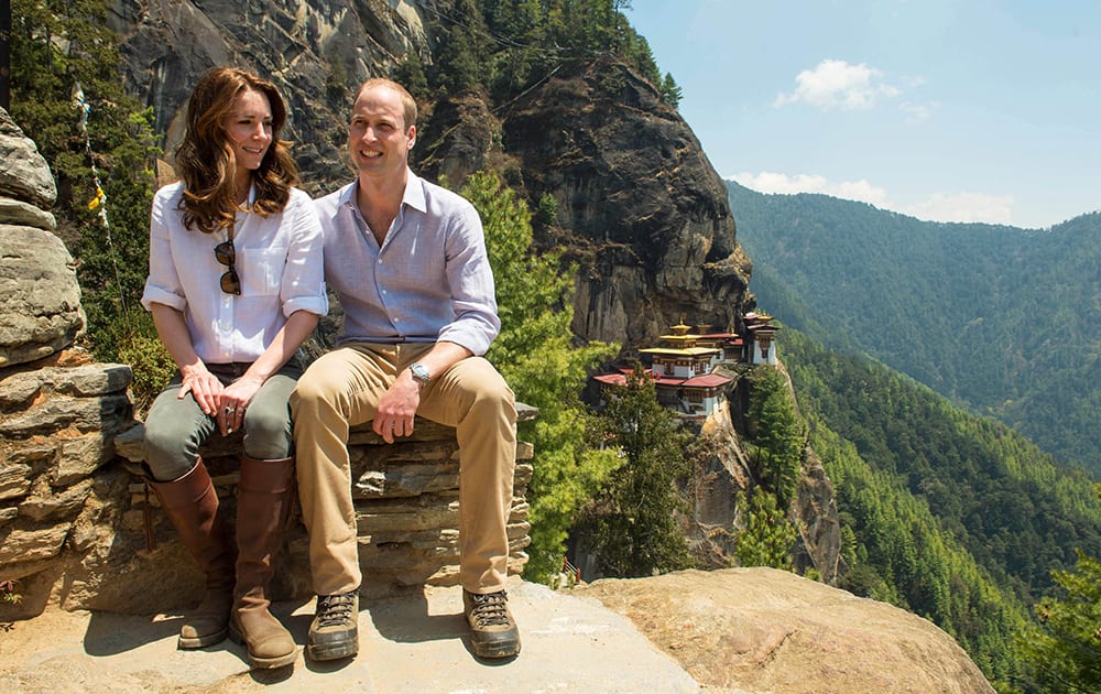 Britain's Prince William and Kate Duchess of Cambridge pose for photo during their hike to the Tiger's Nest Monastery, near Paro, Bhutan.