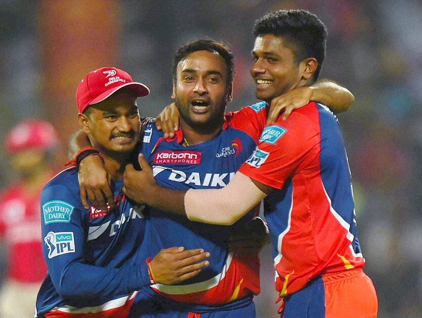 Delhi Daredevils Amit Mishra celebrates with his teammate after taking wicket of Kings XI Punjab batsman DA Miller during their IPL match at Feroz Shah Kotla Stadium in New Delhi.