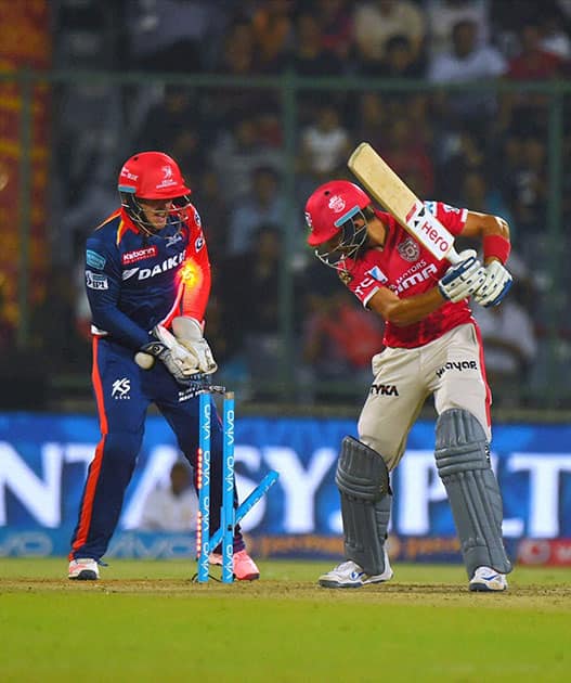 Kings XI Punjab batsman Manan Vohra is clean bowled by Amit Mishra during their IPL match against Delhi Daredevils at Feroz Shah Kotla Stadium in New Delhi