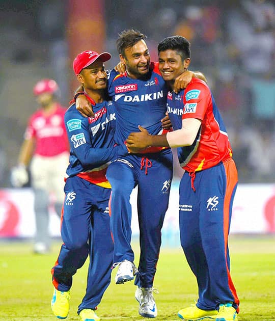 Delhi Daredevils Amit Mishra celebrate wicket of Kings XI Punjab batsman DA Miller during their IPL match at Feroz Shah Kotla Stadium in New Delhi.