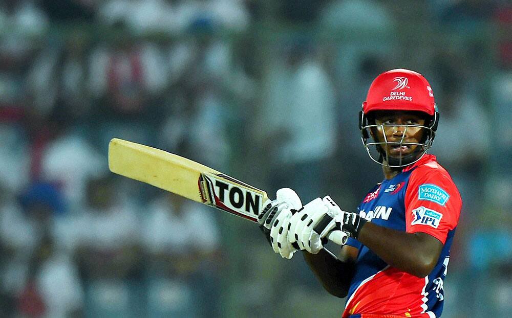 Delhi Daredevils batsman Sanju Samson plays a shot during their IPL match against Kings XI Punjab at Feroz Shah Kotla Stadium in New Delhi.