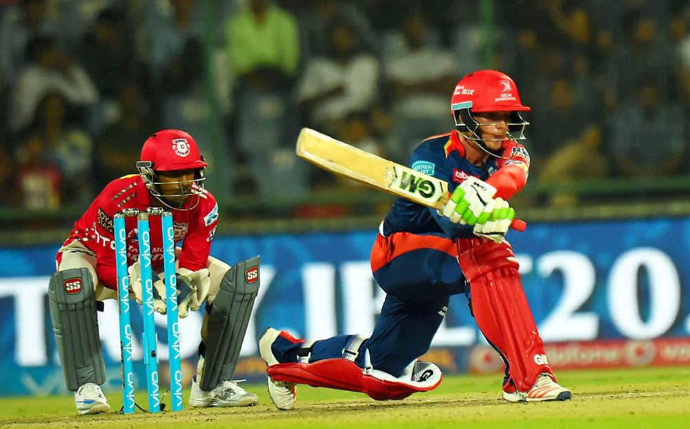 Delhi Daredevils batsman Quinton de Kock plays a shot during their IPL match against Kings XI Punjab at Feroz Shah Kotla Stadium in New Delhi.