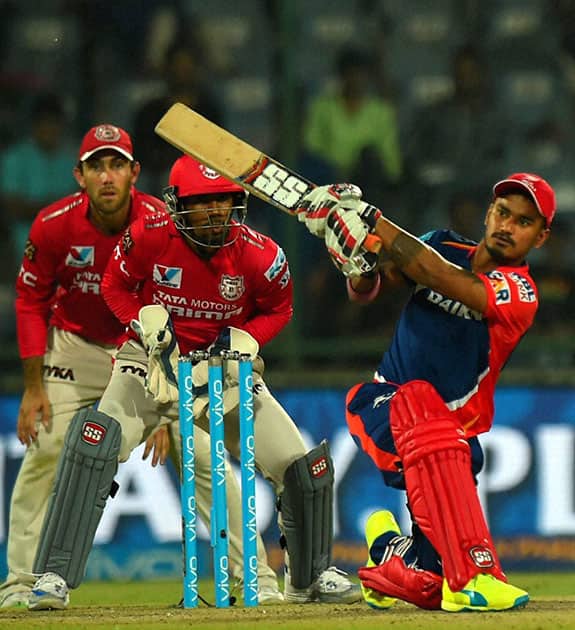 Delhi Daredevils batsman Pawan Negi plays a shot against Kings XI Punjab during their IPL match at Feroz Shah Kotla Stadium in New Delhi.
