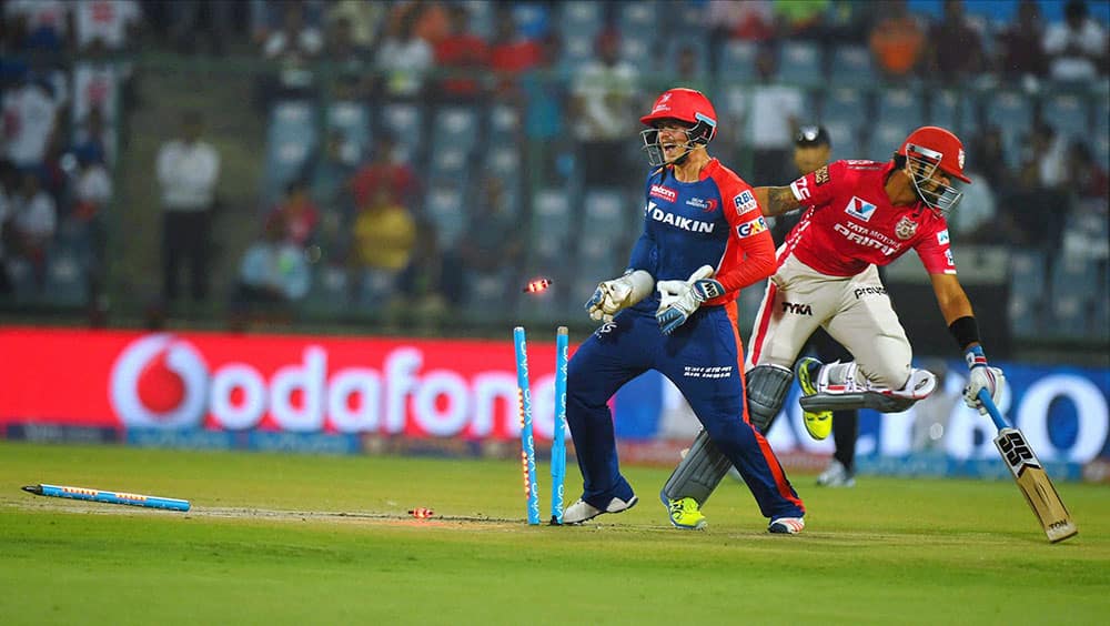 Kings XI Punjab batsman Murali Vijay is run out during their IPL match against Delhi Daredevils at Feroz Shah Kotla Stadium in New Delhi.