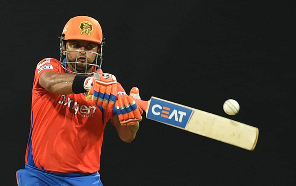 Gujarat Lions batsman Suresh Raina plays a shot during the IPL match against Mumbai Indians in Mumbai.