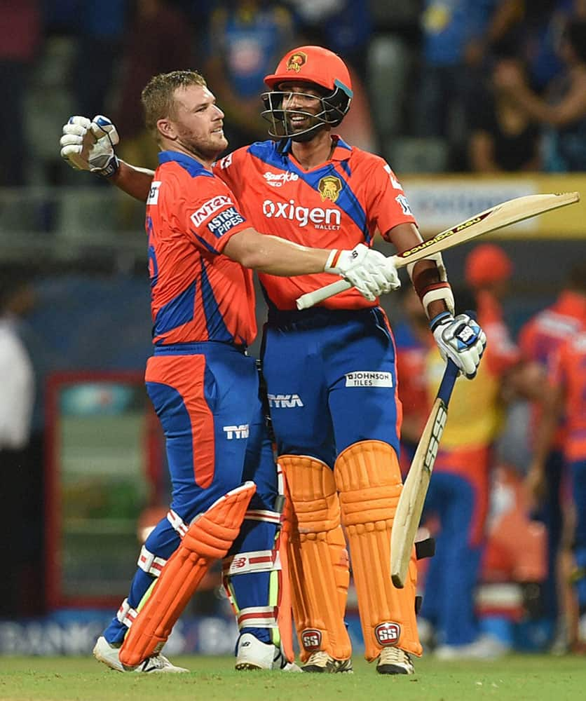 Gujarat Lions batsman A Finch celebrates victroy during the IPL match against Mumbai Indians in Mumbai.