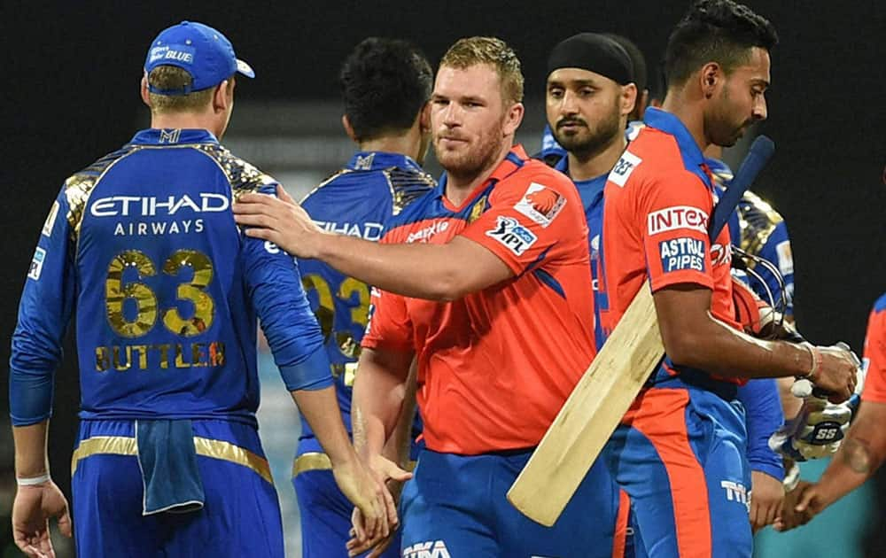 Gujarat Lions batsman A Finch celebrates victroy during the IPL match against Mumbai Indians in Mumbai.