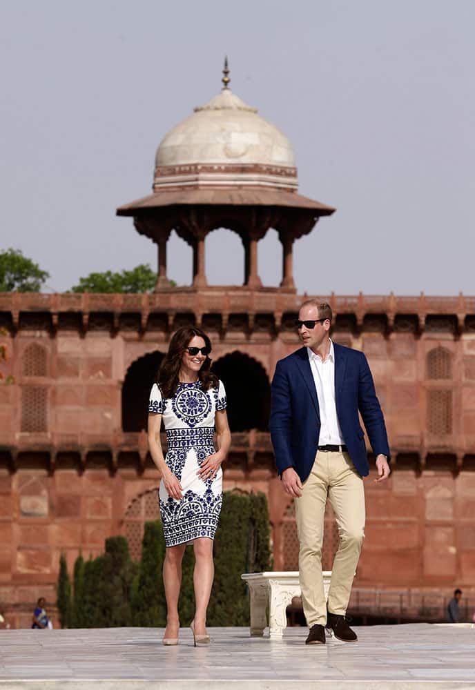 Britain's Prince William, along with his wife, Kate, the Duchess of Cambridge, visit the Taj Mahal in Agra, India.