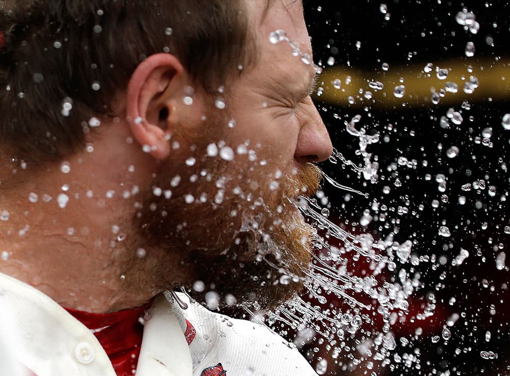 St. Louis Cardinals' Brandon Moss is splashed with water in celebration by a teammate in the dugout after hitting a two-run home run during the ninth inning of a baseball game against the Cincinnati Reds  in St. Louis.