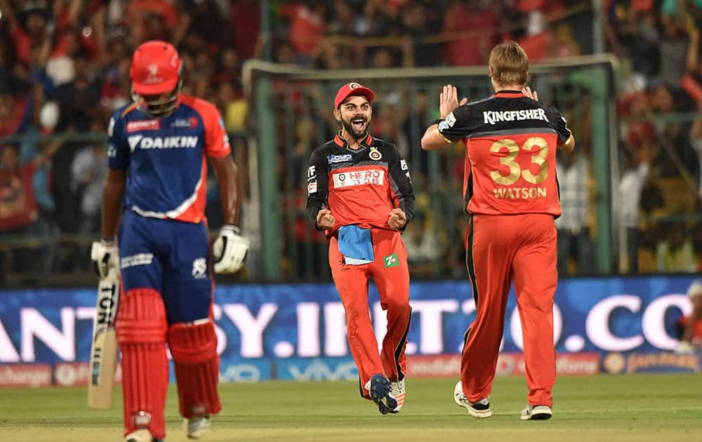 Royal Challengers Bangalore bowler Shane Watson with Virat Kohli celebrate the wicket of Sanju Samson of Delhi Daredevils during Indian Premier League (IPL) 2016 T20 match in Bengaluru.