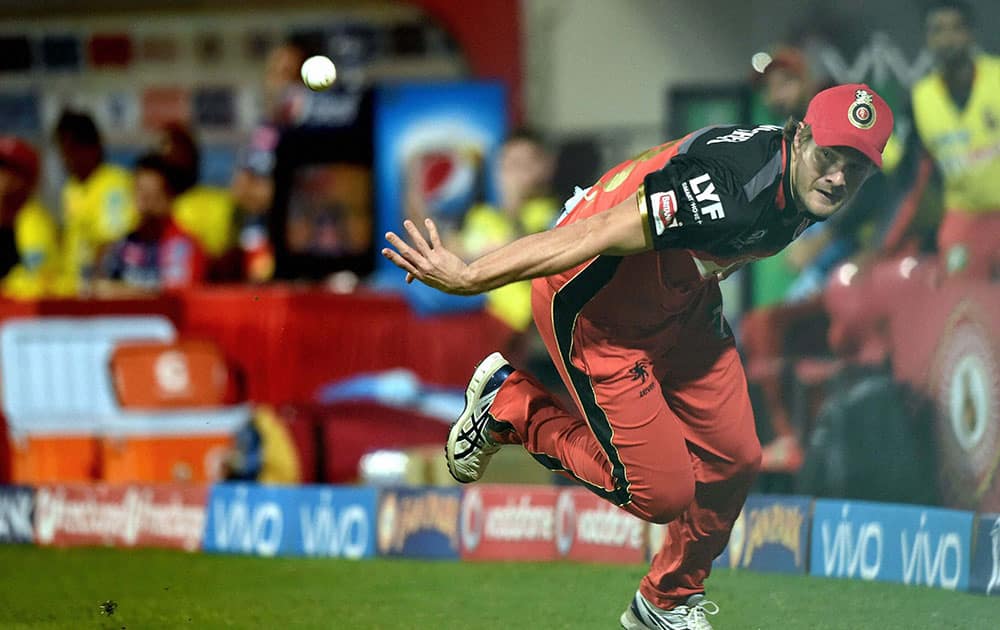 Royal Challengers Bangalore Shane Watson throws back the ball after he catched it for the wicket of Shreyas Iyer of Delhi Daredevils during Indian Premier League (IPL) 2016 T20 match in Bengaluru.