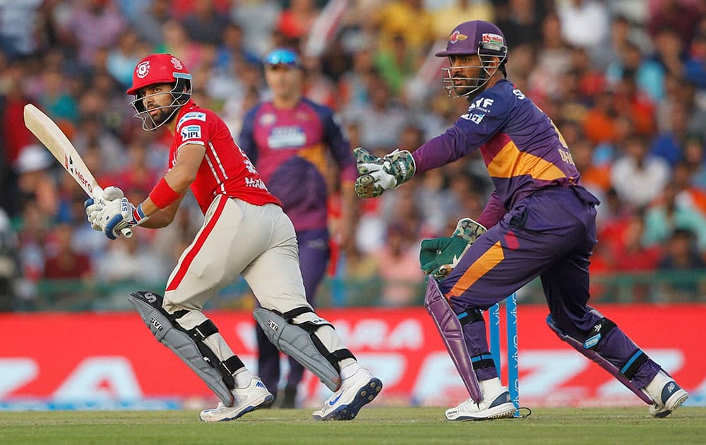  Manan Vohra of Kings XI Punjab plays a shot against Rising Pune Supergiants during Indian Premier League (IPL) 2016 T20 match in Mohali.