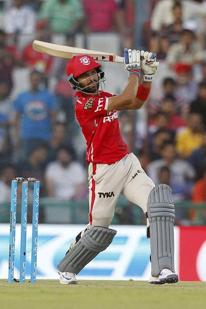 Manan Vohra of Kings XI Punjab plays a shot against Rising Pune Supergiants during Indian Premier League (IPL) 2016 T20 match in Mohali.