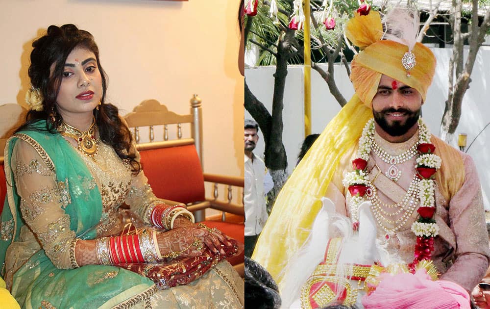 Combo photo of Indian cricketer Ravindra Jadeja and Riva Solanki during thier wedding ceremony in Rajkot.